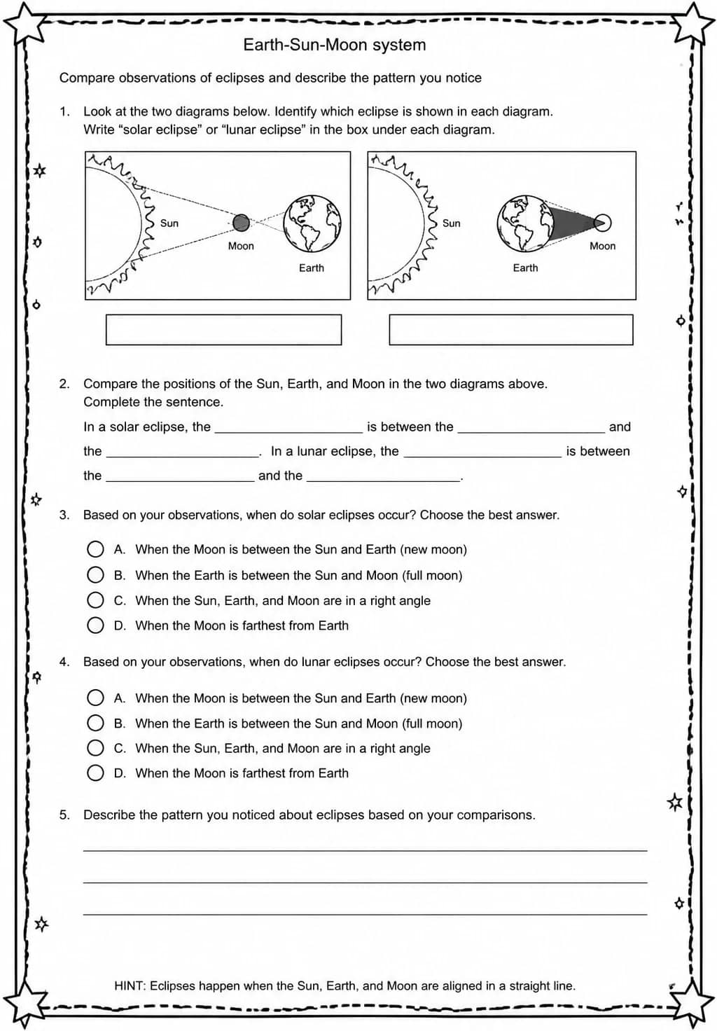 Compare observations of eclipses and describe the pattern you notice — free printable Middle School Science worksheet