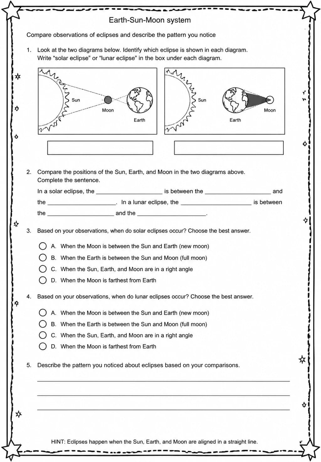 Compare observations of eclipses and describe the pattern you notice — free printable Middle School Science worksheet