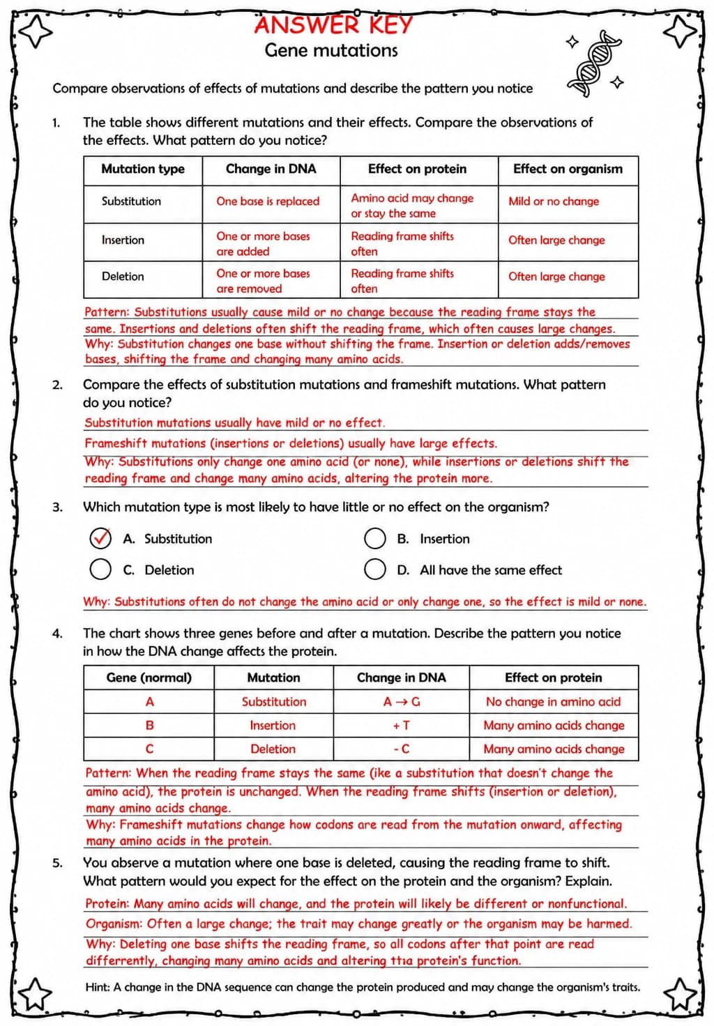 Answer key for Compare observations of effects of mutations and describe the pattern you notice — free printable Science worksheet