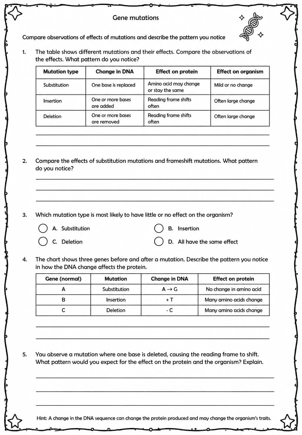 Compare observations of effects of mutations and describe the pattern you notice — free printable Middle School Science worksheet