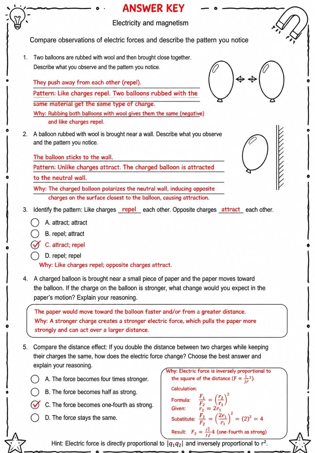 Answer key for Compare observations of electric forces and describe the pattern you notice — free printable Science worksheet