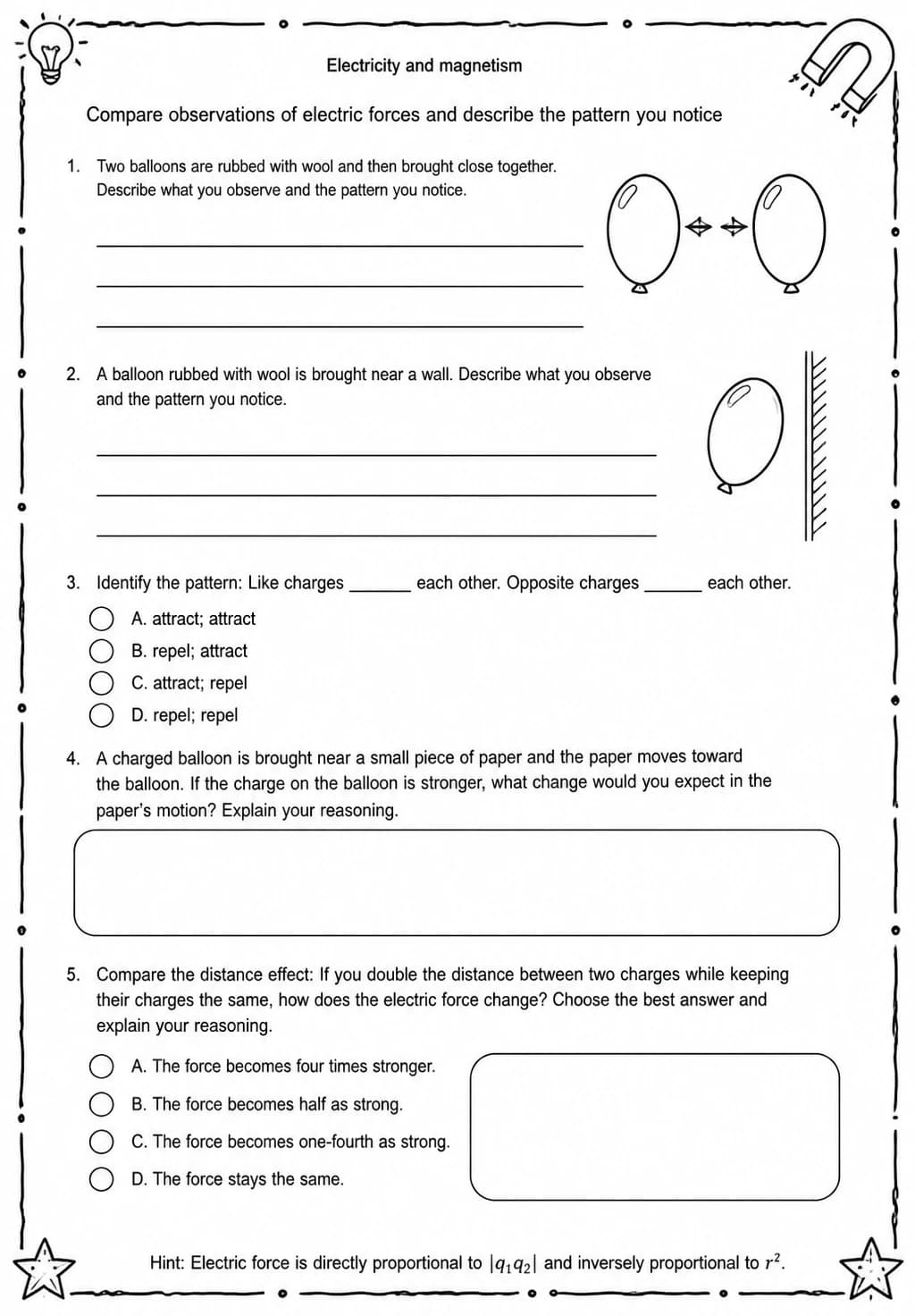 Compare observations of electric forces and describe the pattern you notice — free printable Middle School Science worksheet