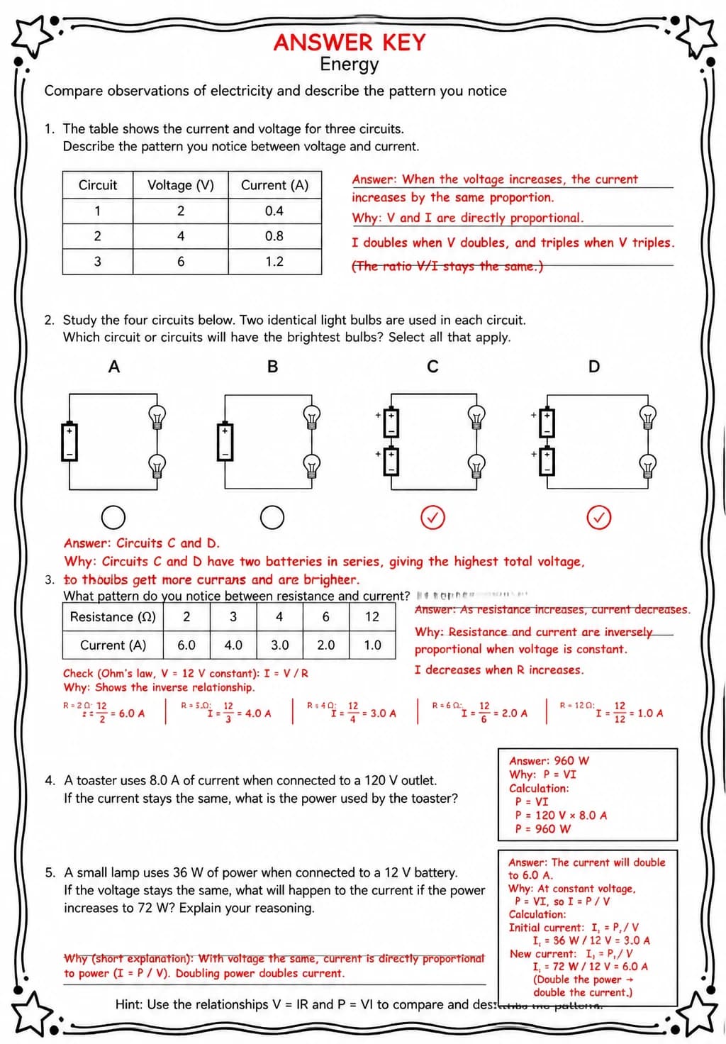 Answer key for Compare observations of electricity and describe the pattern you notice — free printable Science worksheet