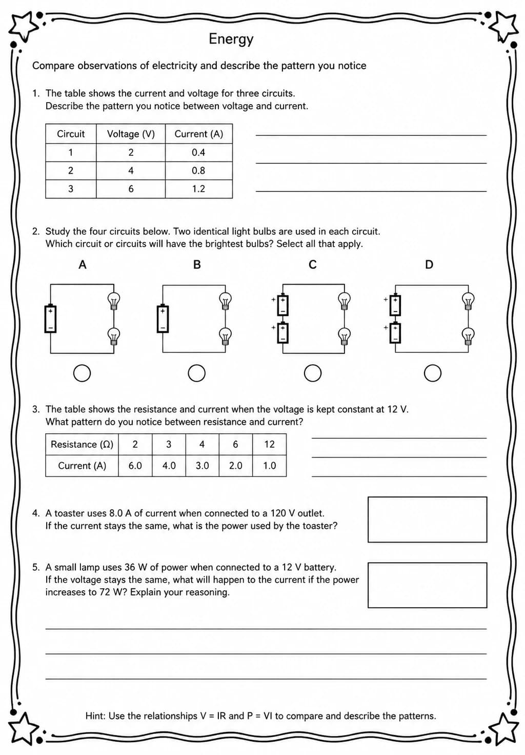 Compare observations of electricity and describe the pattern you notice — free printable Middle School Science worksheet