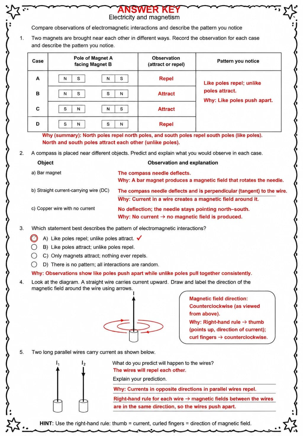 Answer key for Compare observations of electromagnetic interactions and describe the pattern you notice — free printable Science worksheet