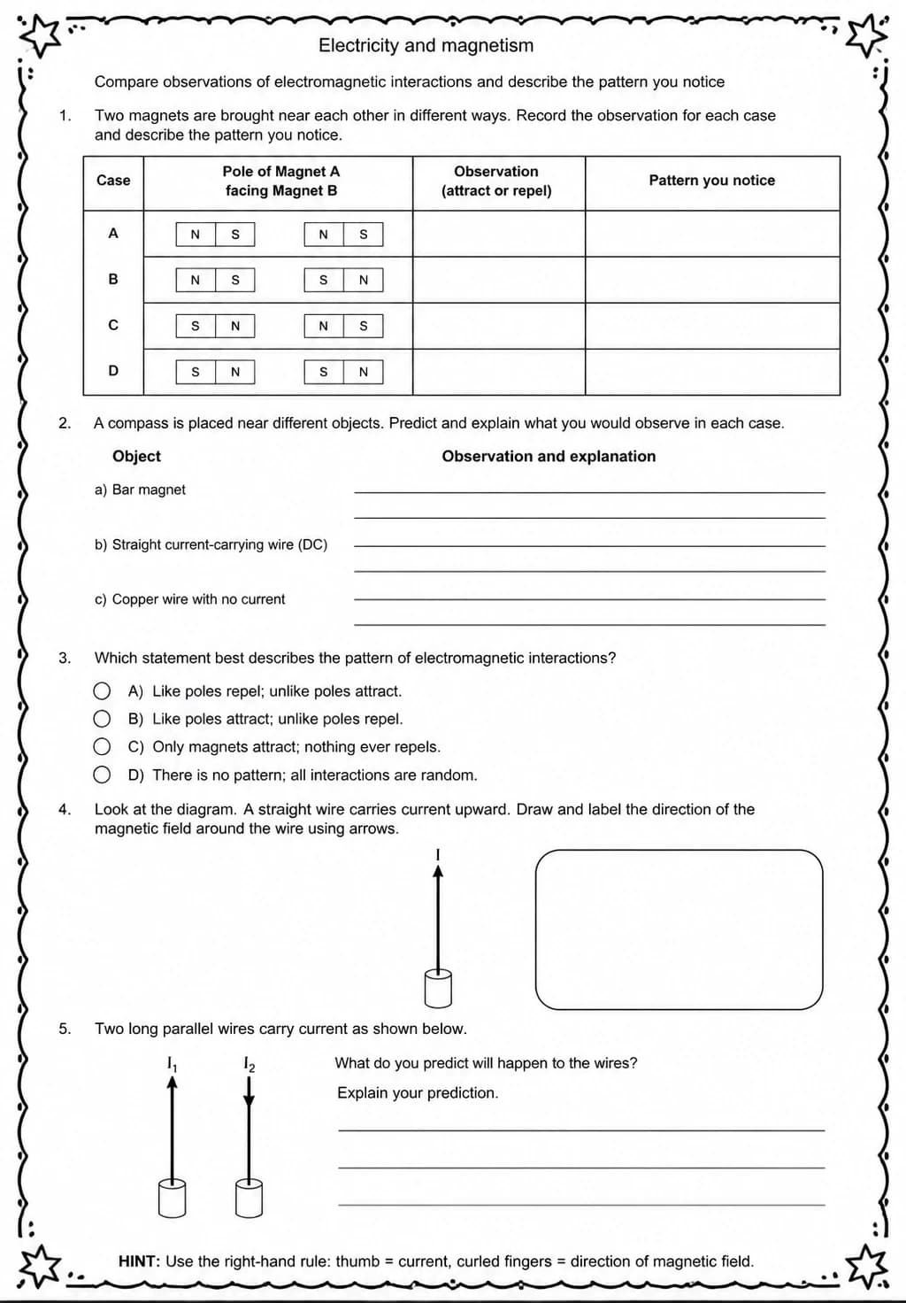 Compare observations of electromagnetic interactions and describe the pattern you notice — free printable Middle School Science worksheet