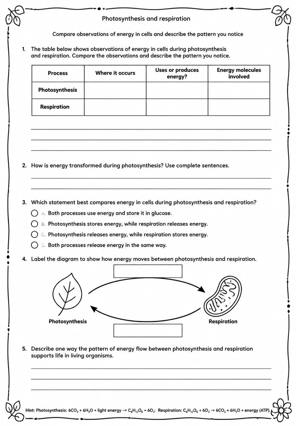 Compare observations of energy in cells and describe the pattern you notice — free printable Middle School Science worksheet