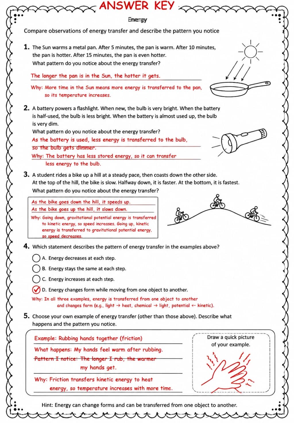 Answer key for Compare observations of energy transfer and describe the pattern you notice — free printable Science worksheet