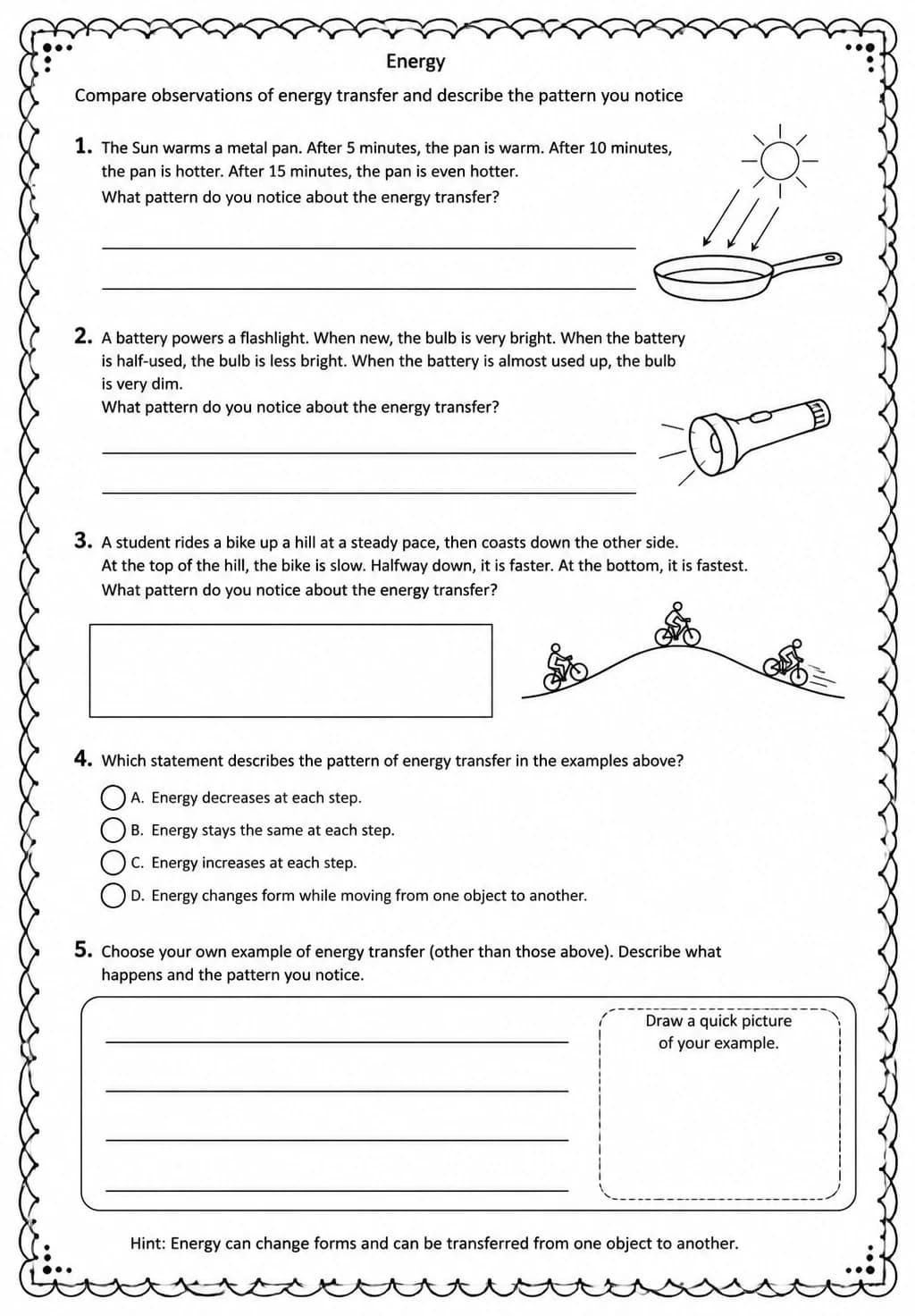 Compare observations of energy transfer and describe the pattern you notice — free printable Grade 5 Science worksheet