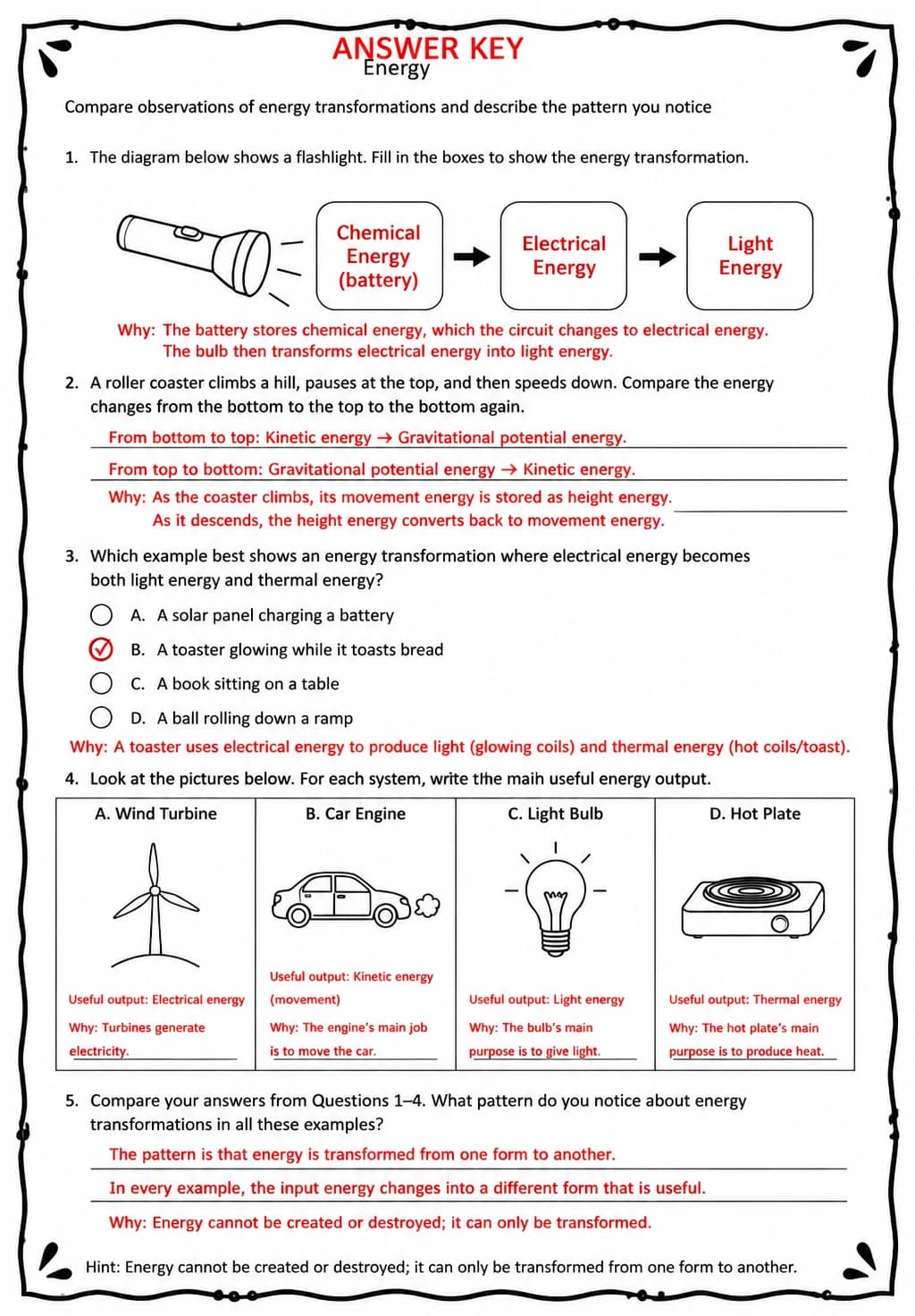 Answer key for Compare observations of energy transformations and describe the pattern you notice — free printable Science worksheet