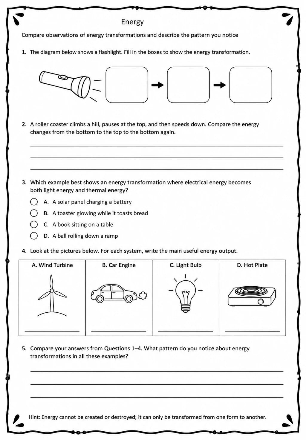 Compare observations of energy transformations and describe the pattern you notice — free printable Middle School Science worksheet