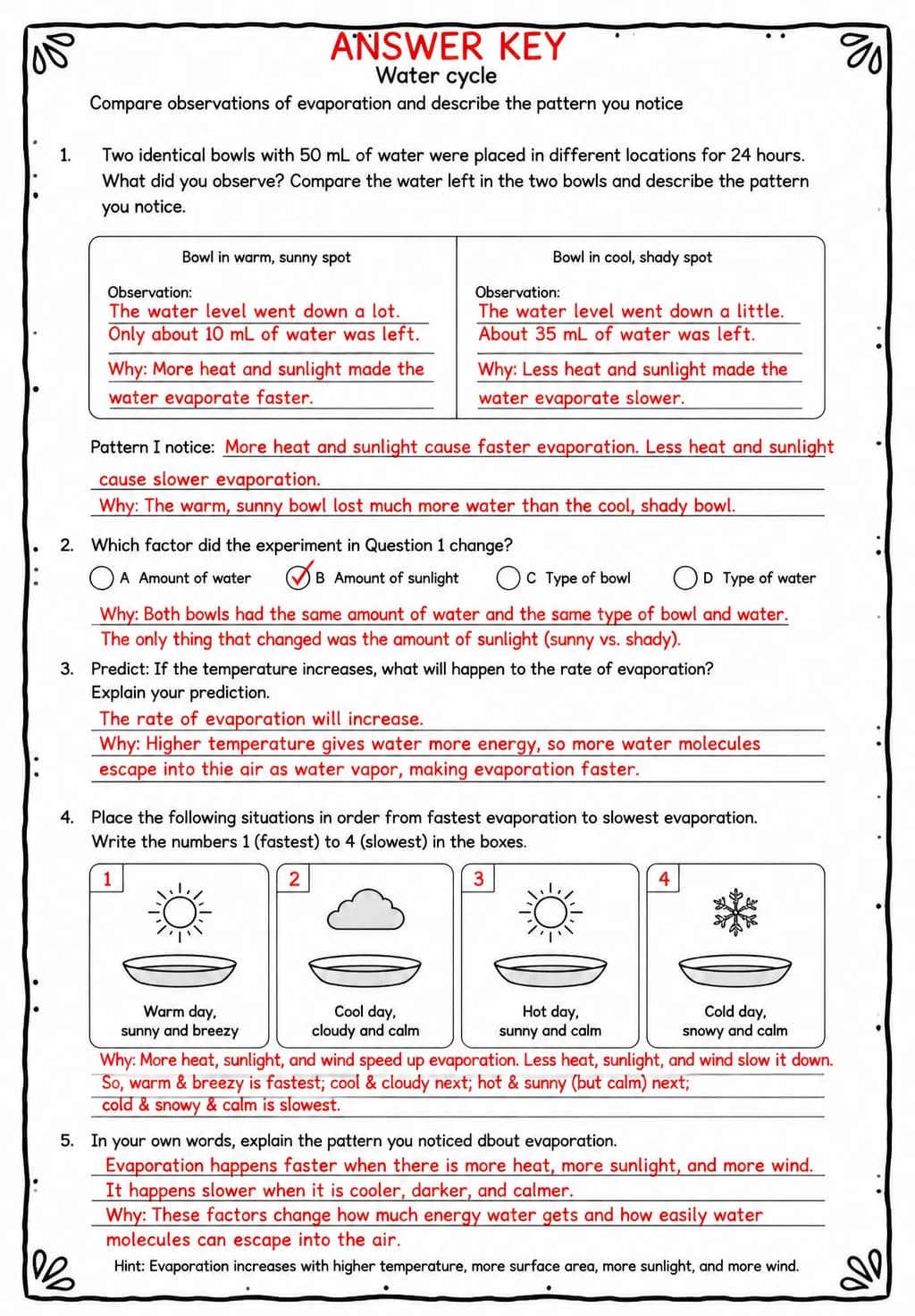 Answer key for Compare observations of evaporation and describe the pattern you notice — free printable Science worksheet