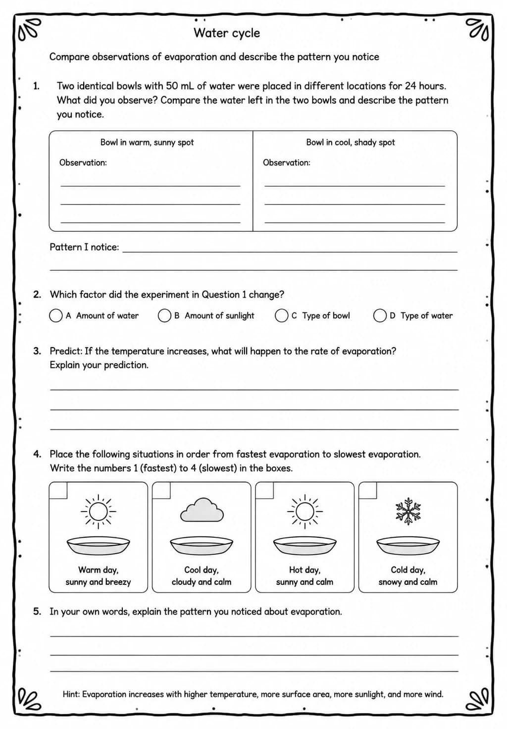 Compare observations of evaporation and describe the pattern you notice — free printable Grade 5 Science worksheet