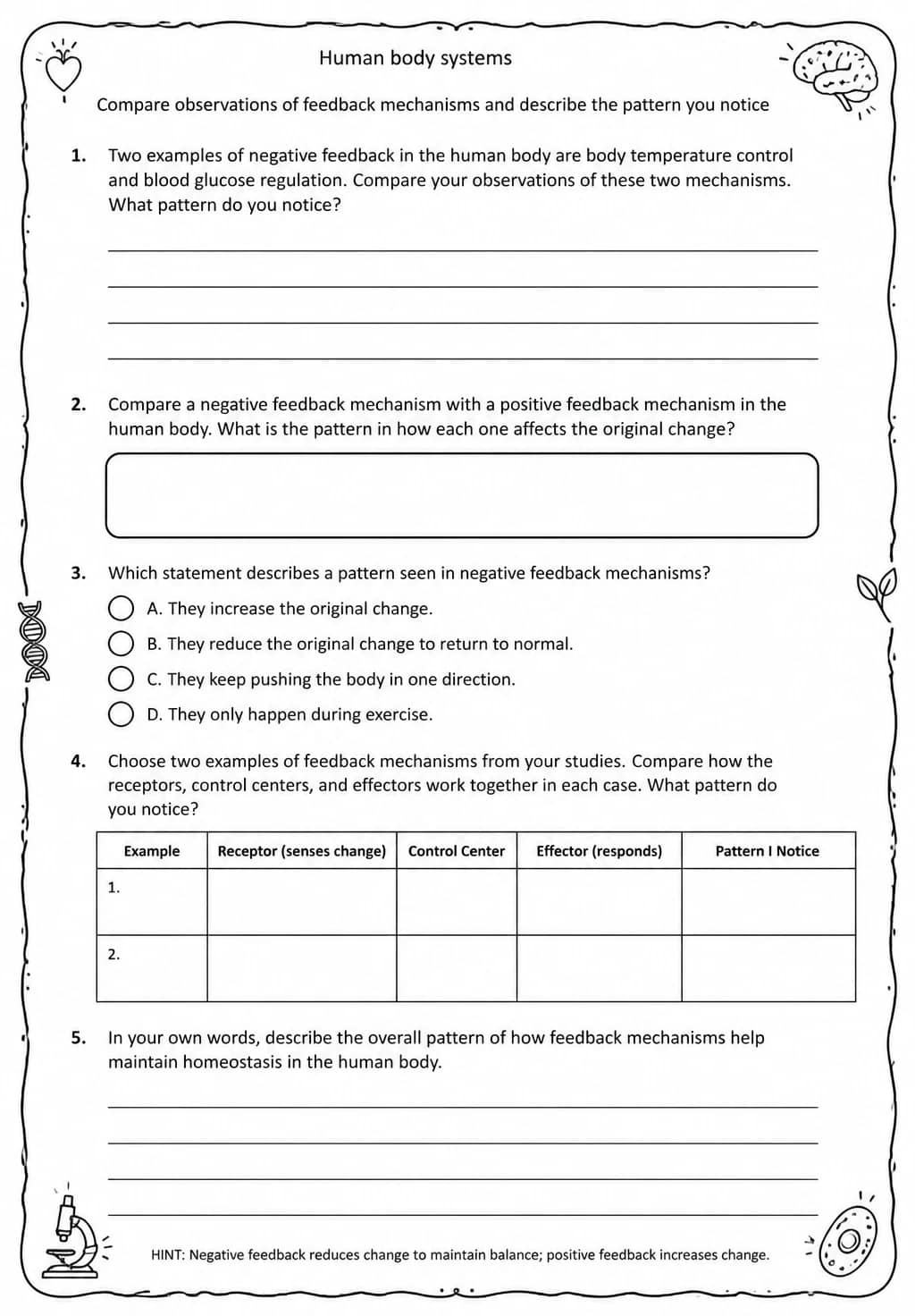 Compare observations of feedback mechanisms and describe the pattern you notice — free printable Middle School Science worksheet