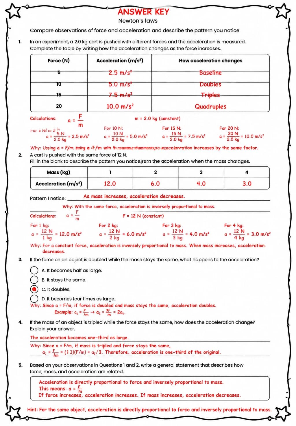 Answer key for Compare observations of force and acceleration and describe the pattern you notice — free printable Science worksheet