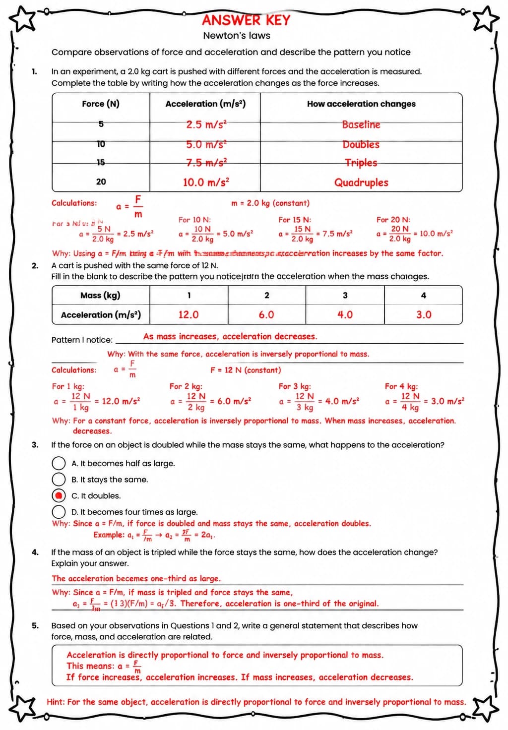 Answer key for Compare observations of force and acceleration and describe the pattern you notice — free printable Science worksheet