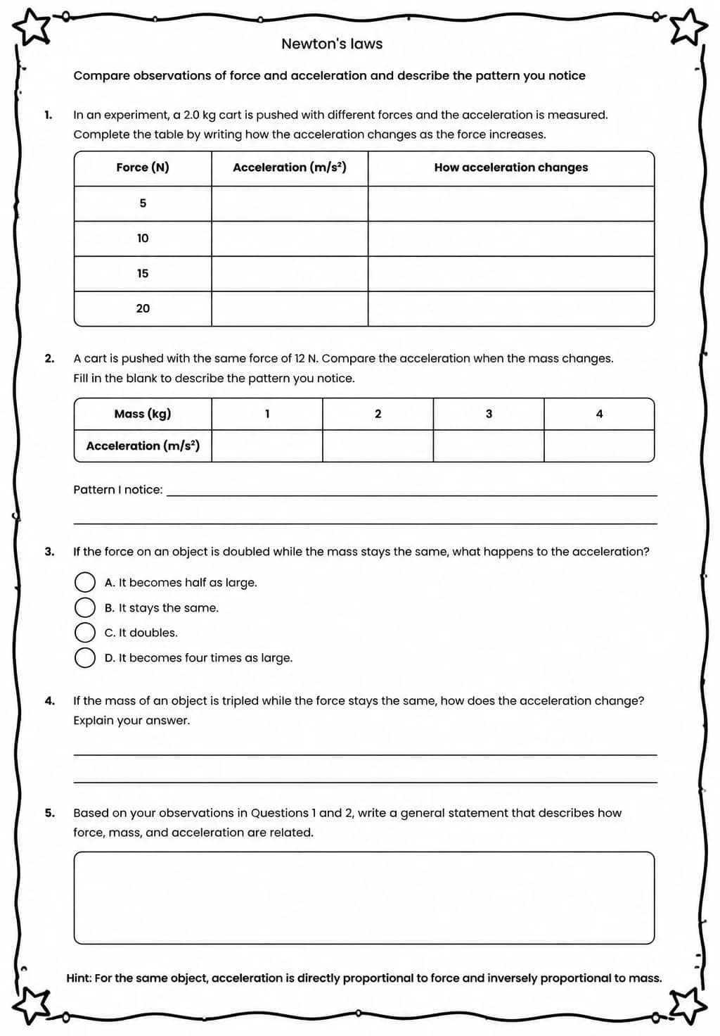 Compare observations of force and acceleration and describe the pattern you notice — free printable Middle School Science worksheet