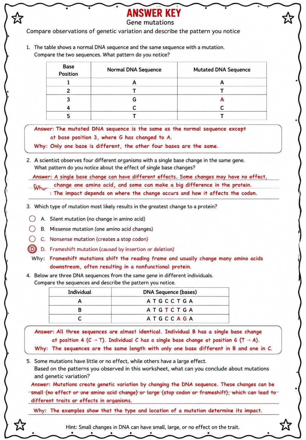 Answer key for Compare observations of genetic variation and describe the pattern you notice — free printable Science worksheet
