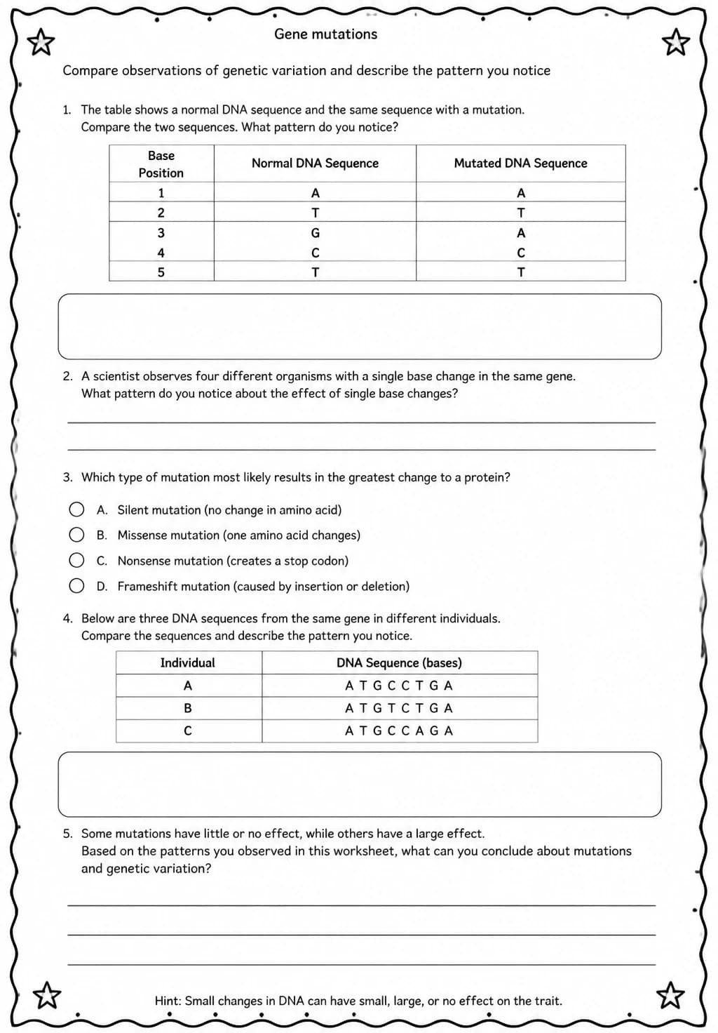 Compare observations of genetic variation and describe the pattern you notice — free printable Middle School Science worksheet