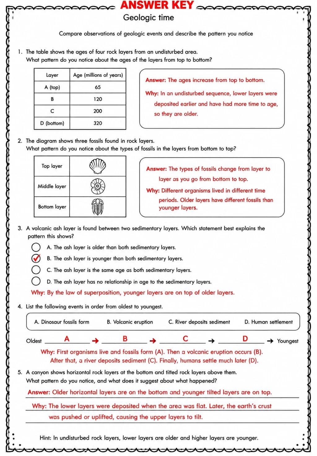 Answer key for Compare observations of geologic events and describe the pattern you notice — free printable Science worksheet
