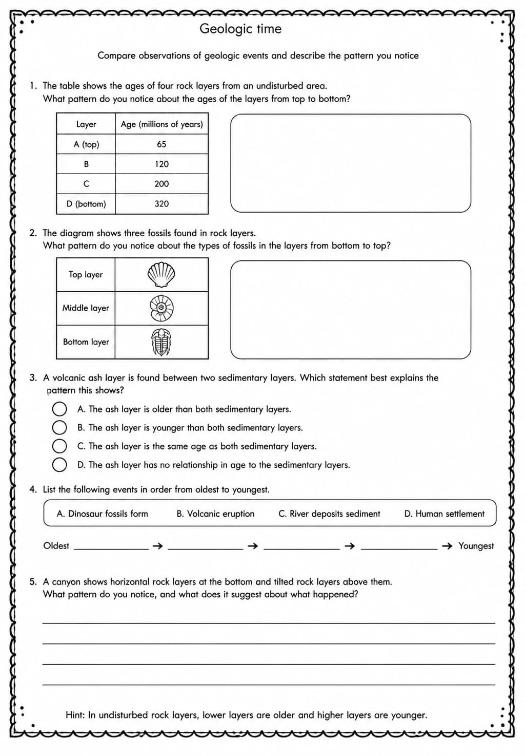 Compare observations of geologic events and describe the pattern you notice — free printable Middle School Science worksheet