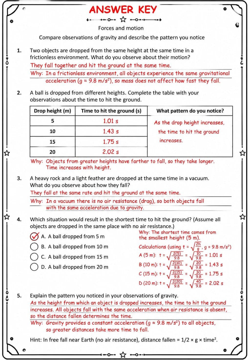 Answer key for Compare observations of gravity and describe the pattern you notice — free printable Science worksheet