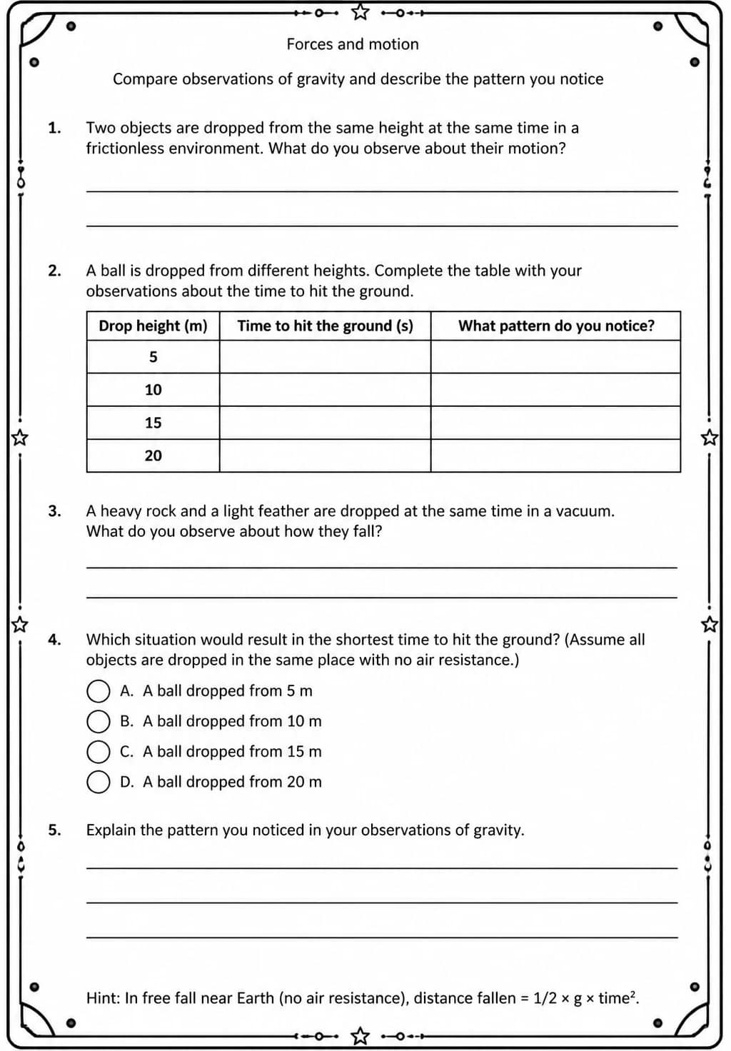 Compare observations of gravity and describe the pattern you notice — free printable Grade 5 Science worksheet