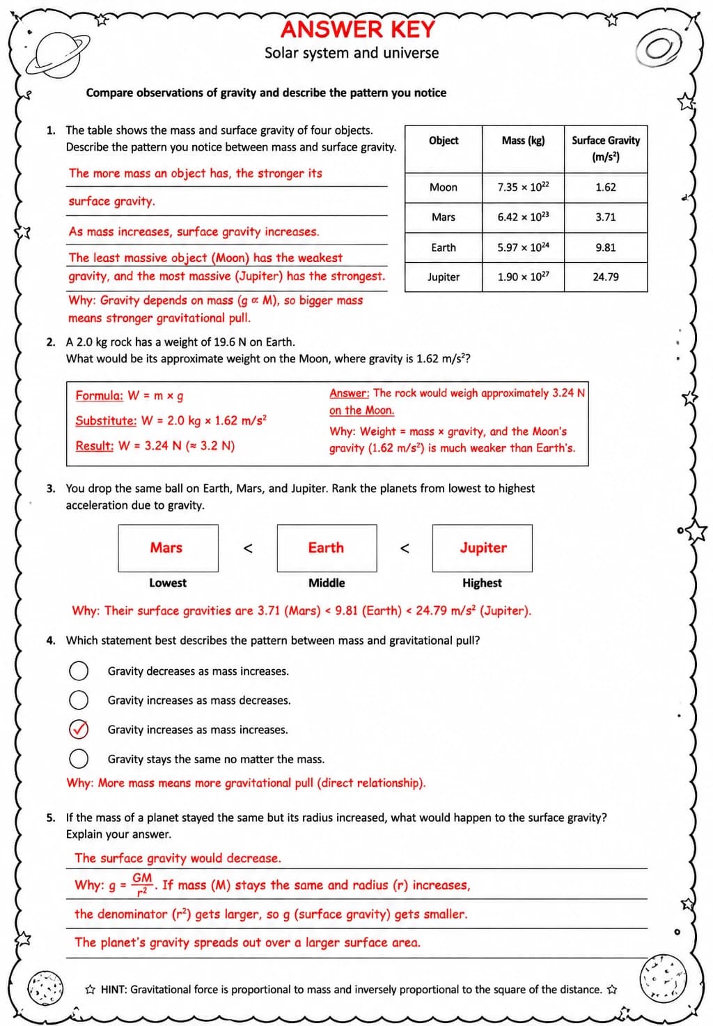 Answer key for Compare observations of gravity and describe the pattern you notice — free printable Science worksheet