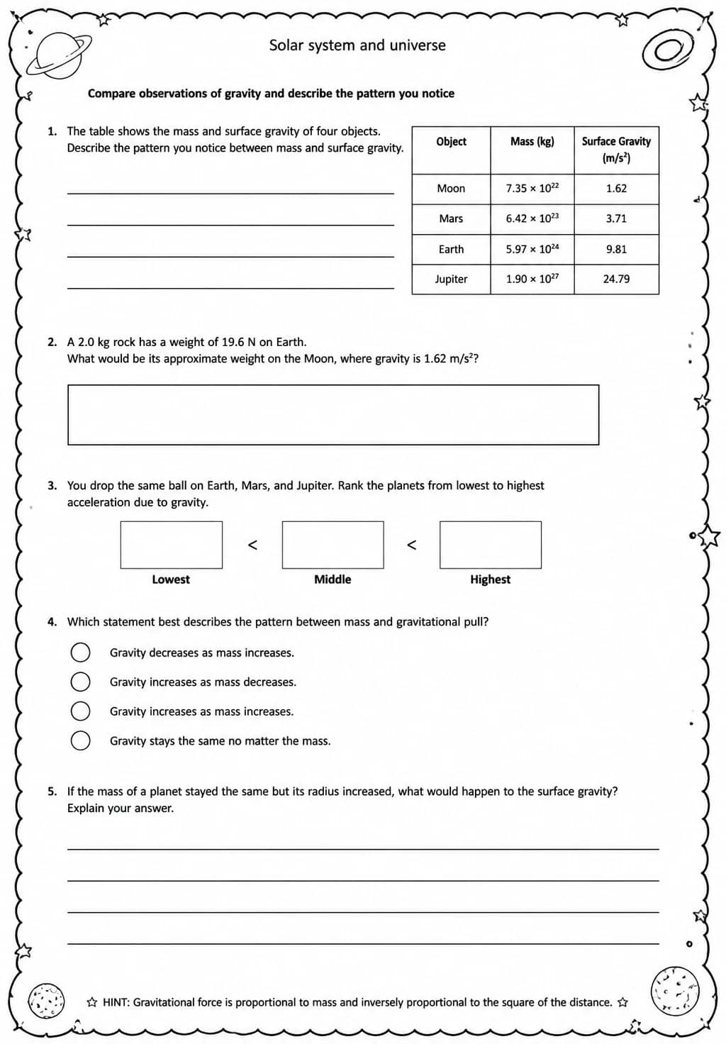 Compare observations of gravity and describe the pattern you notice — free printable Middle School Science worksheet