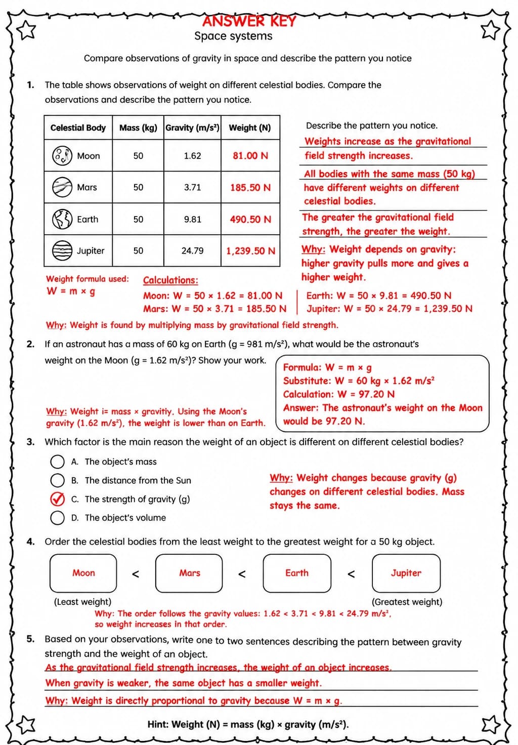Answer key for Compare observations of gravity in space and describe the pattern you notice — free printable Science worksheet