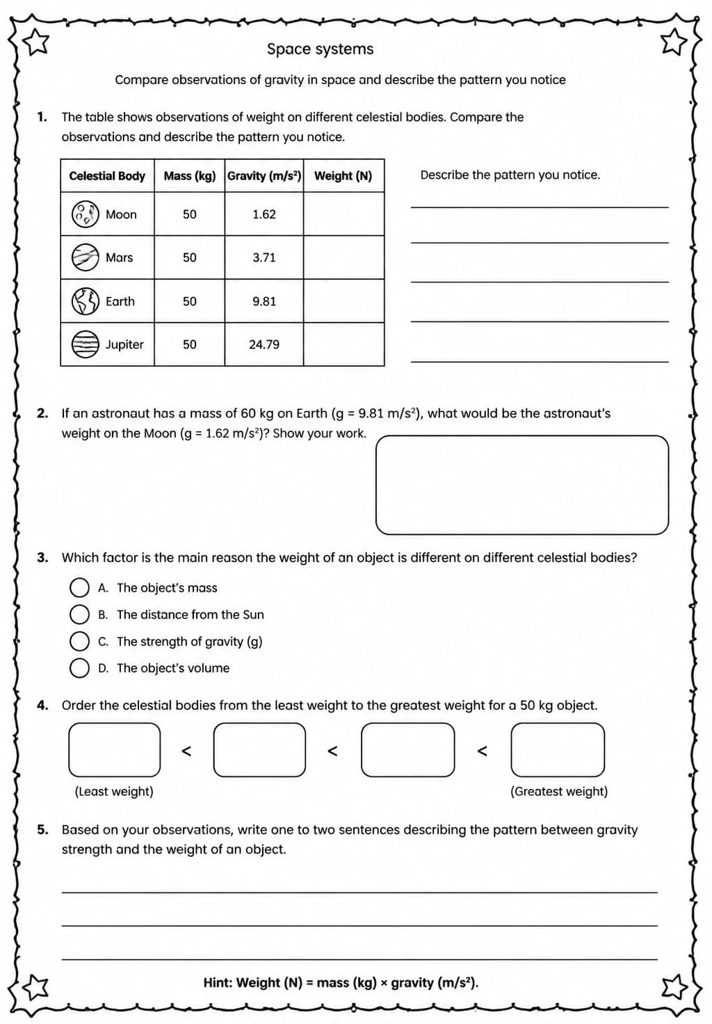 Compare observations of gravity in space and describe the pattern you notice — free printable Middle School Science worksheet