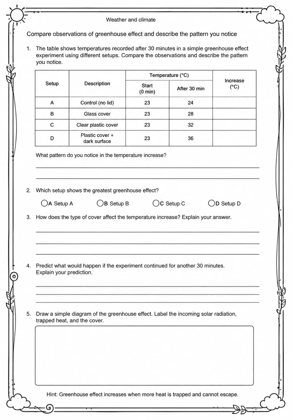 Compare observations of greenhouse effect and describe the pattern you notice — free printable Middle School Science worksheet