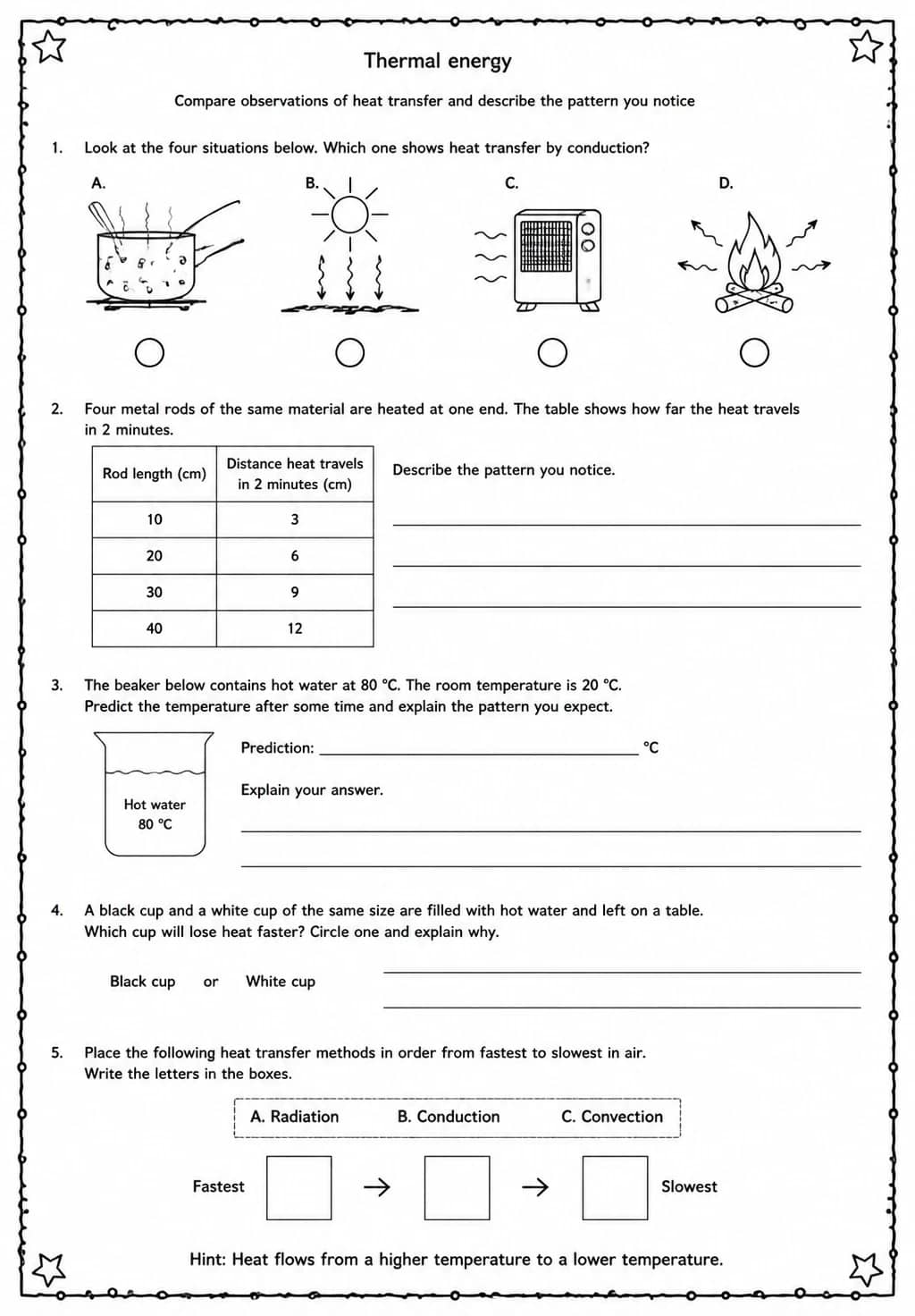 Compare observations of heat transfer and describe the pattern you notice — free printable Middle School Science worksheet