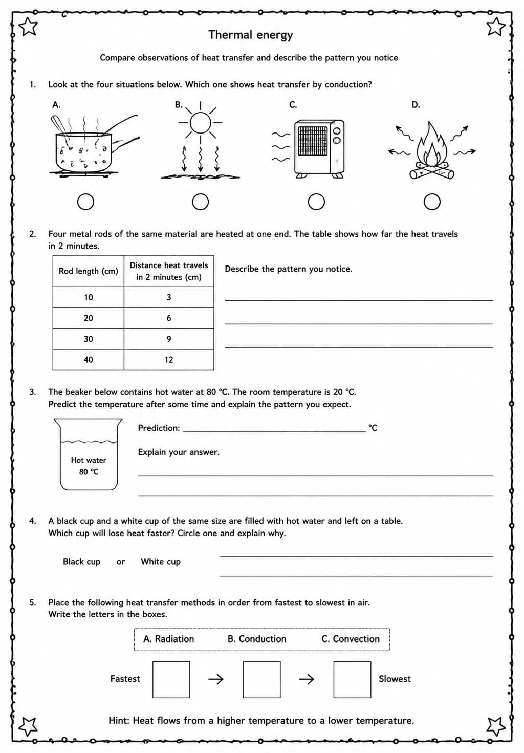 Compare observations of heat transfer and describe the pattern you notice — free printable Middle School Science worksheet