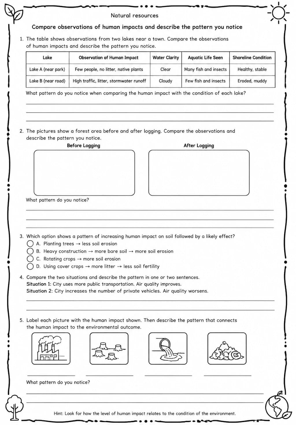Compare observations of human impacts and describe the pattern you notice — free printable Middle School Science worksheet