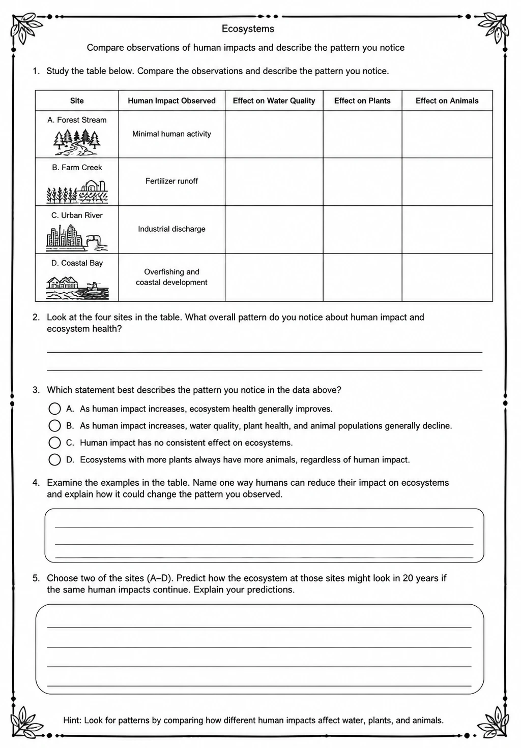 Compare observations of human impacts and describe the pattern you notice — free printable Middle School Science worksheet