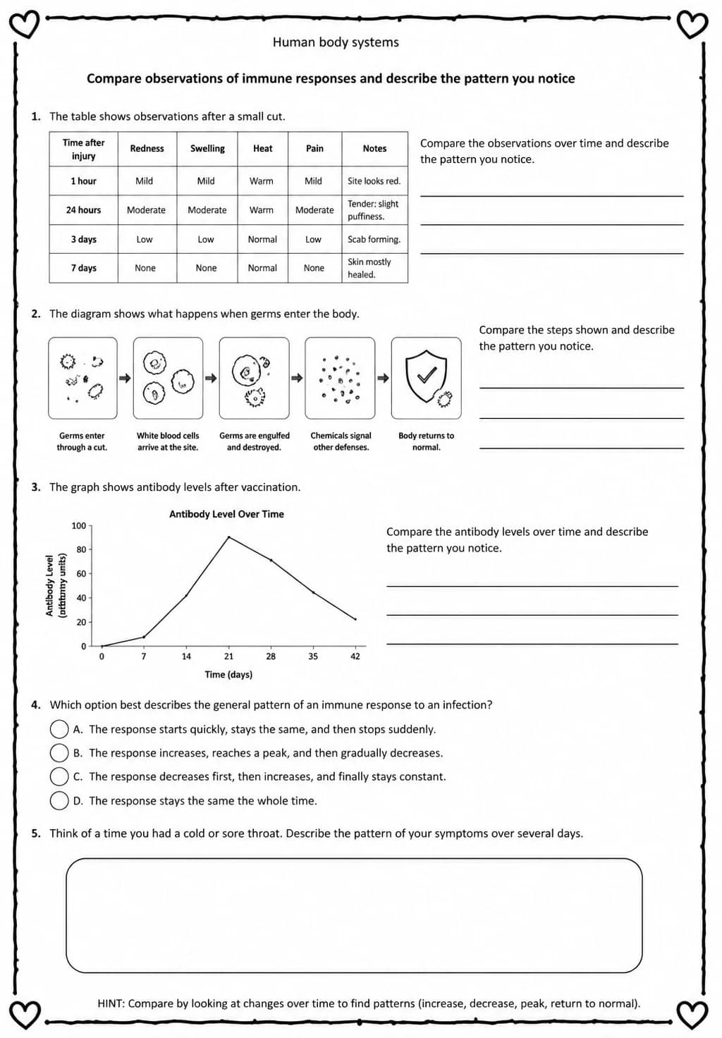 Compare observations of immune responses and describe the pattern you notice — free printable Middle School Science worksheet