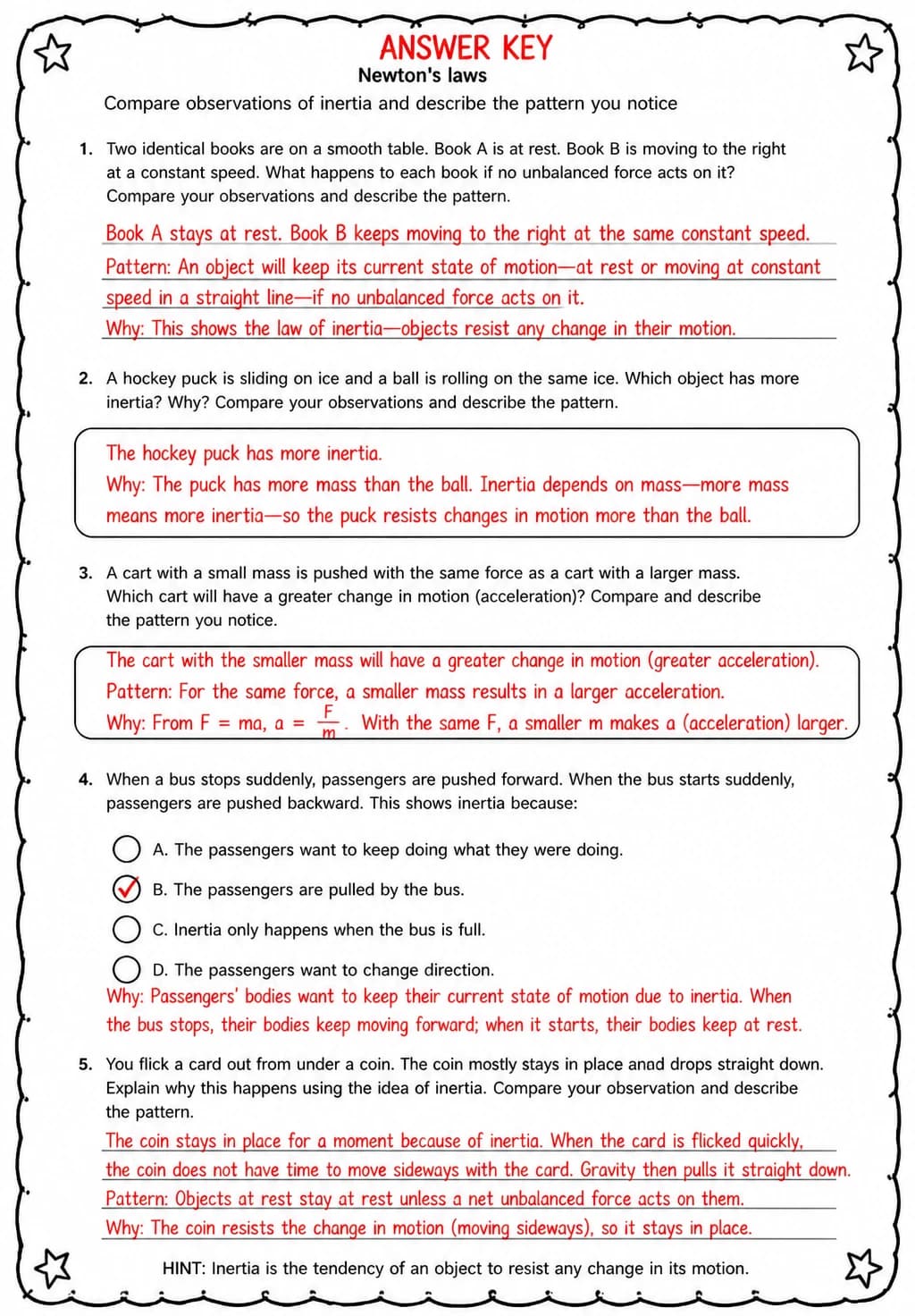 Answer key for Compare observations of inertia and describe the pattern you notice — free printable Science worksheet
