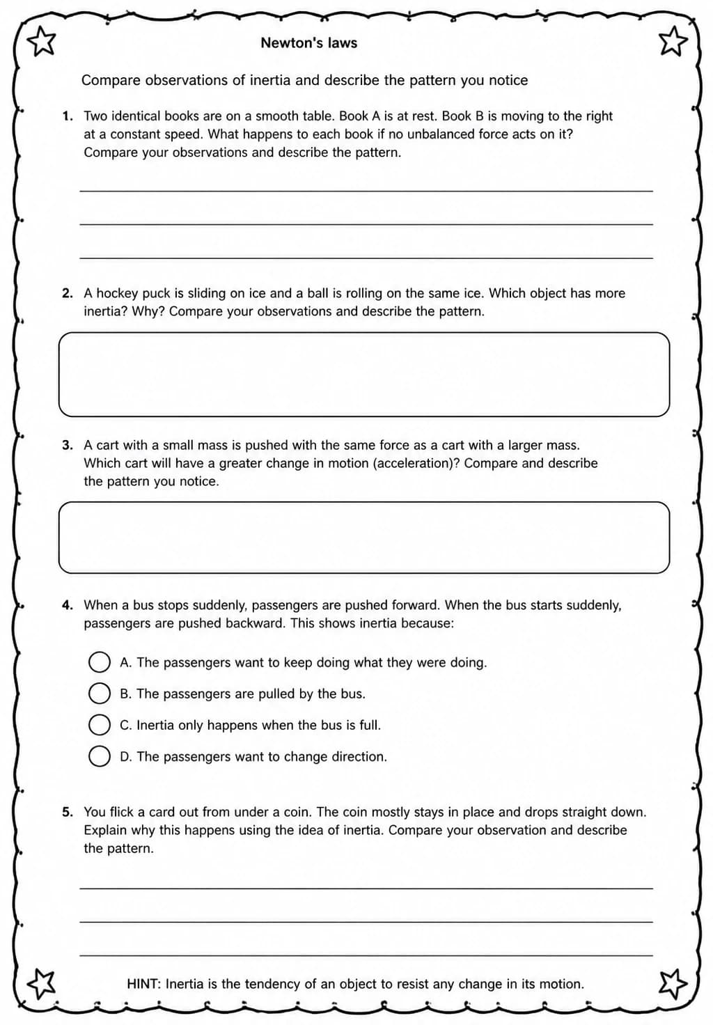 Compare observations of inertia and describe the pattern you notice — free printable Middle School Science worksheet