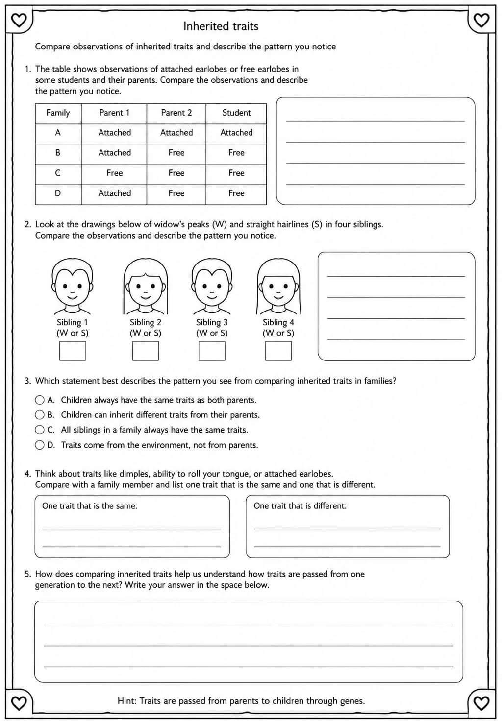 Compare observations of inherited traits and describe the pattern you notice — free printable Grade 5 Science worksheet