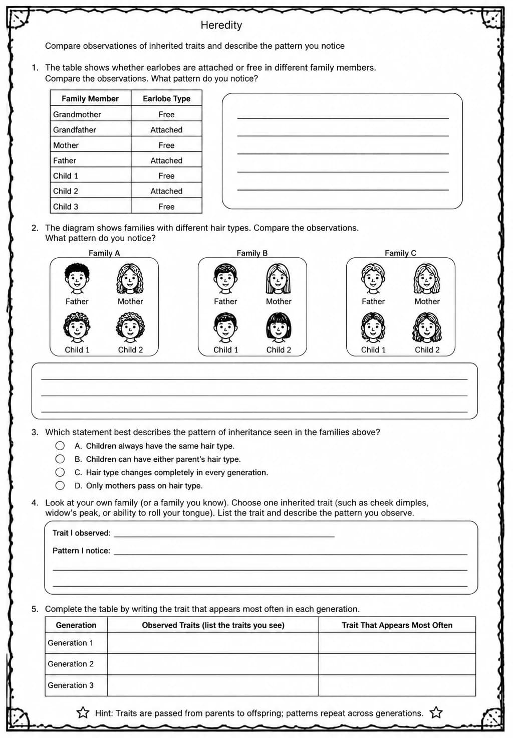 Compare observations of inherited traits and describe the pattern you notice — free printable Middle School Science worksheet