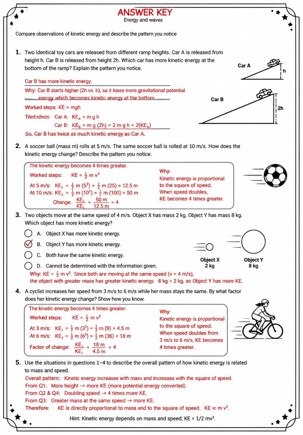 Answer key for Compare observations of kinetic energy and describe the pattern you notice — free printable Science worksheet