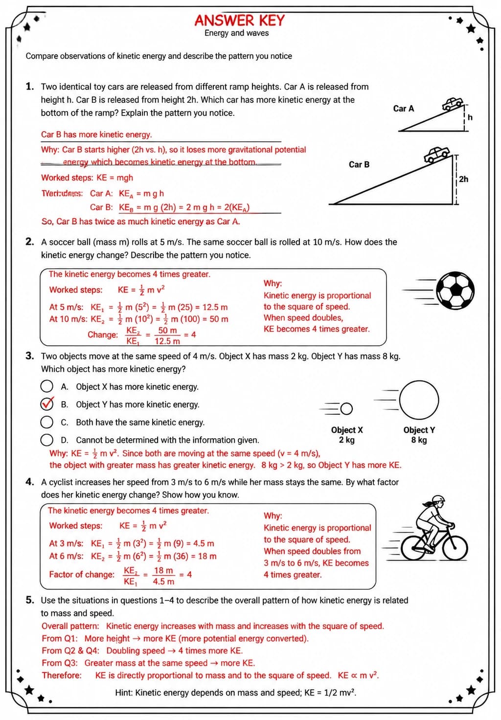 Answer key for Compare observations of kinetic energy and describe the pattern you notice — free printable Science worksheet