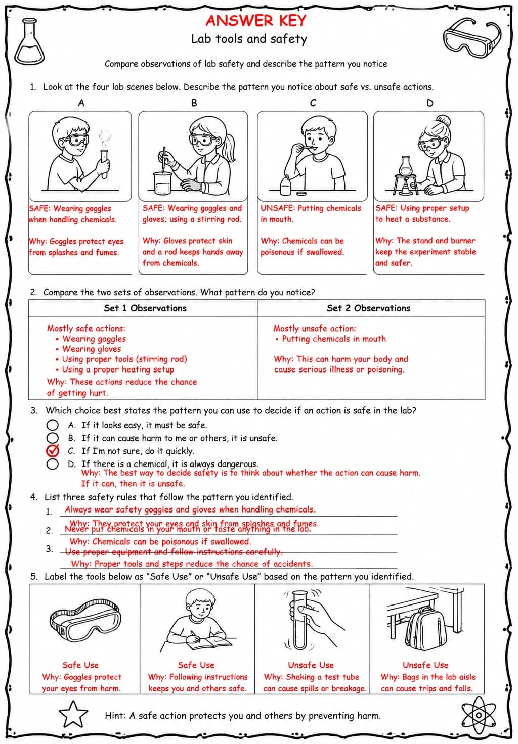 Answer key for Compare observations of lab safety and describe the pattern you notice — free printable Science worksheet
