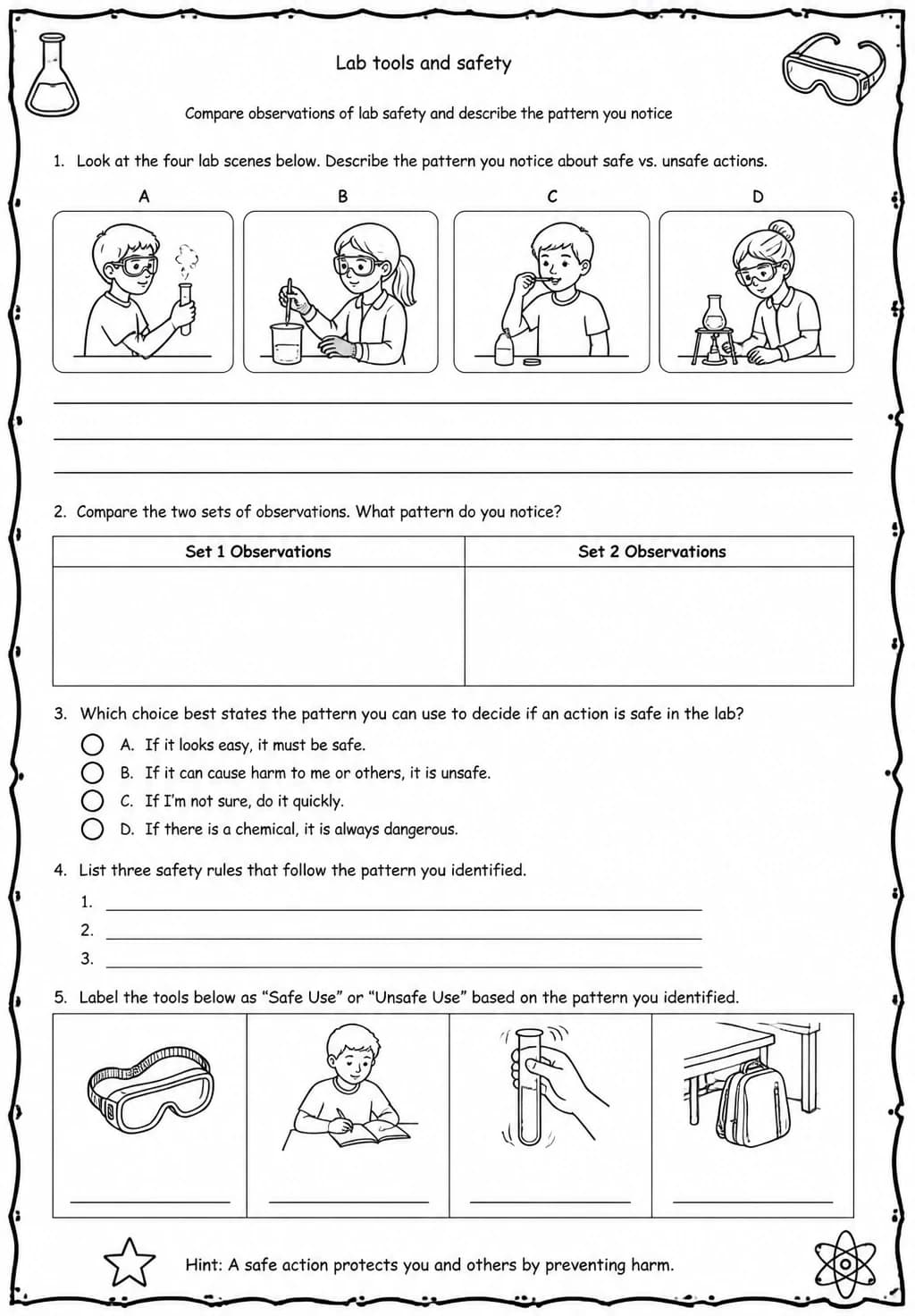Compare observations of lab safety and describe the pattern you notice — free printable Middle School Science worksheet
