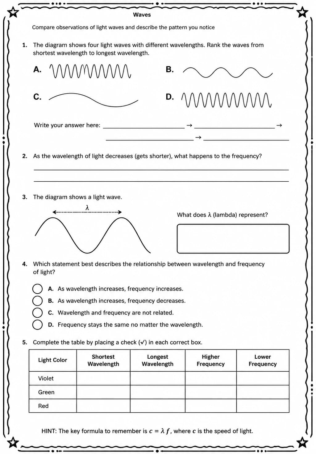 Compare observations of light waves and describe the pattern you notice — free printable Middle School Science worksheet