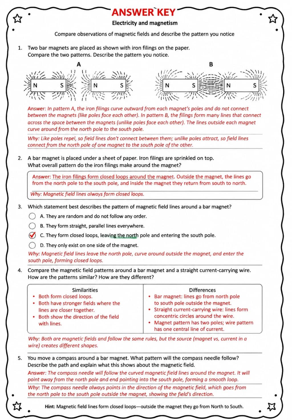 Answer key for Compare observations of magnetic fields and describe the pattern you notice — free printable Science worksheet