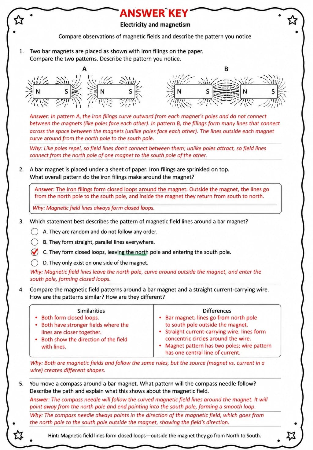 Answer key for Compare observations of magnetic fields and describe the pattern you notice — free printable Science worksheet