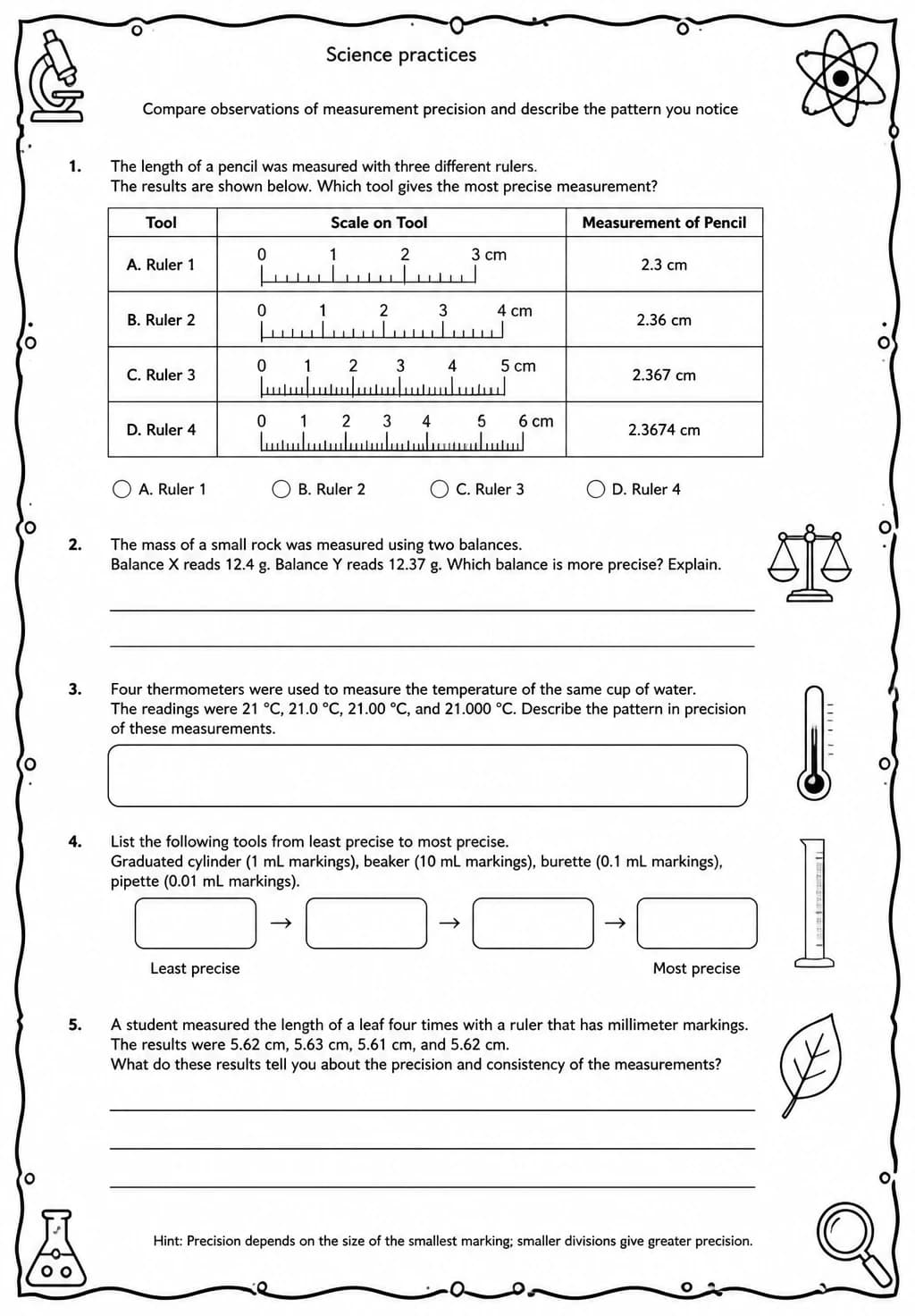 Compare observations of measurement precision and describe the pattern you notice — free printable Middle School Science worksheet