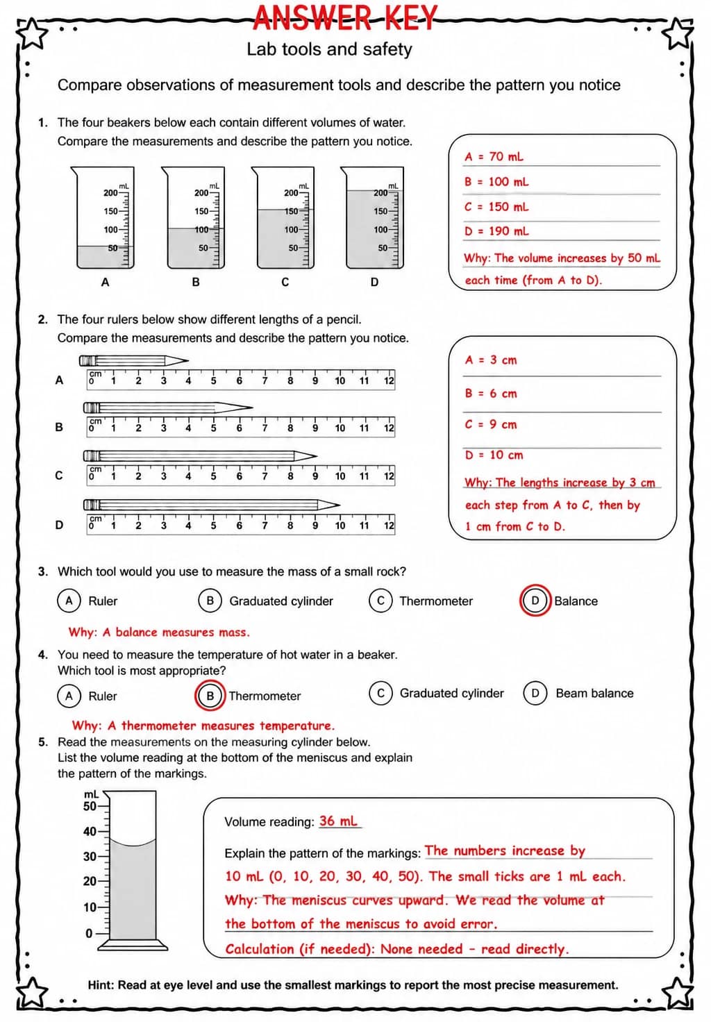 Answer key for Compare observations of measurement tools and describe the pattern you notice — free printable Science worksheet
